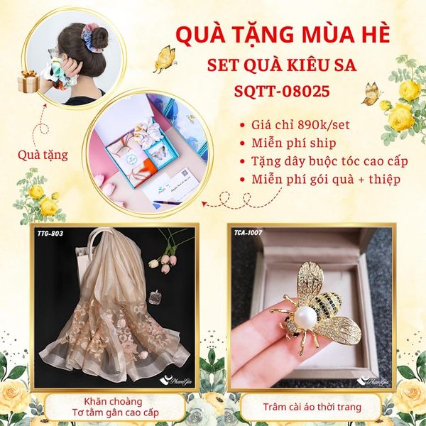 Quà Tặng Mùa Hè - Set Quà Tặng Khăn Choàng Tơ Tằm Gân Cao Cấp Và Ghim Cài Áo Kiêu Sa (SQTT08025)