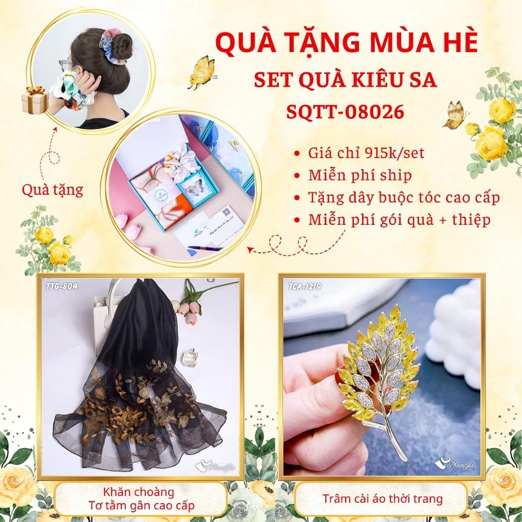 Quà Tặng Mùa Hè - Set Quà Tặng Khăn Choàng Tơ Tằm Gân Cao Cấp Và Ghim Cài Áo Kiêu Sa (SQTT08026)