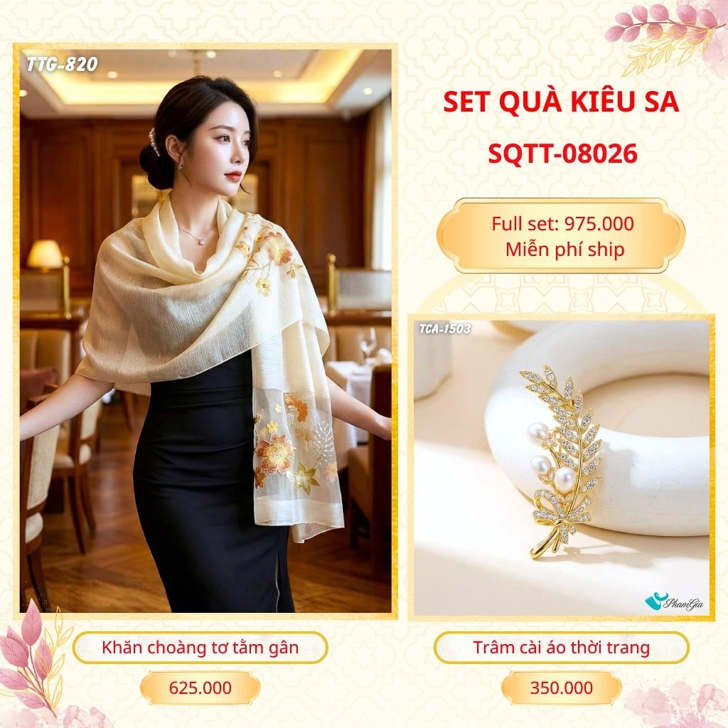 Set Quà Tặng Khăn Choàng Tơ Tằm Gân Cao Cấp Và Trâm Cài Áo Kiêu Sa (SQTT08026)