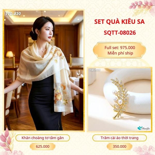 Set Quà Tặng Khăn Choàng Tơ Tằm Gân Cao Cấp Và Trâm Cài Áo Kiêu Sa (SQTT08026)