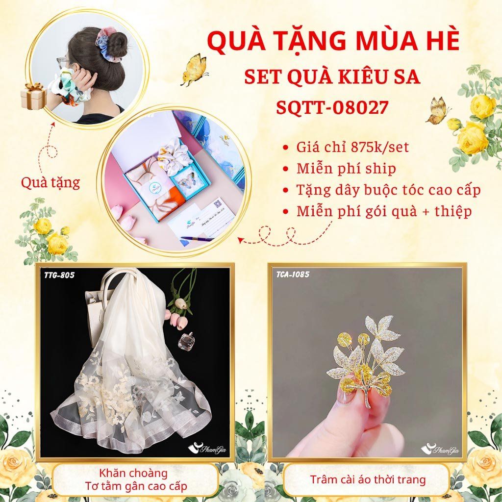 Quà Tặng Mùa Hè - Set Quà Tặng Khăn Choàng Tơ Tằm Gân Cao Cấp Và Ghim Cài Áo Kiêu Sa (SQTT08027)