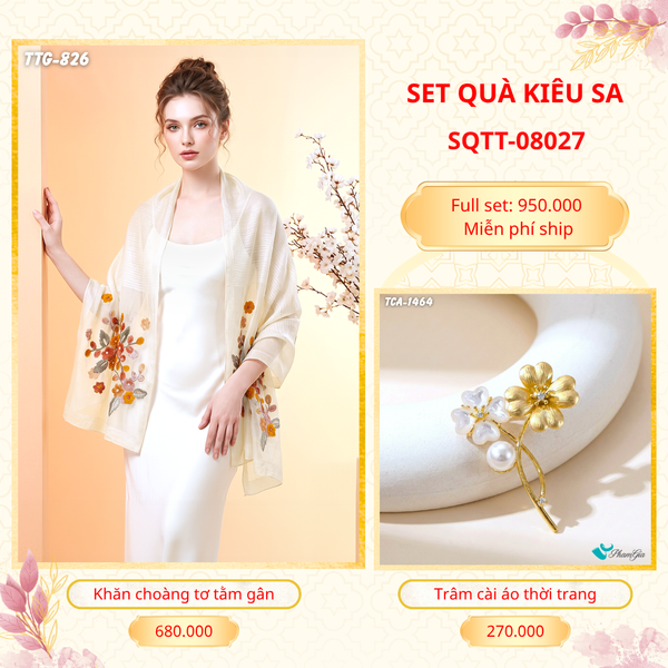 Set Quà Tặng Khăn Choàng Tơ Tằm Gân Cao Cấp Và Trâm Cài Áo Kiêu Sa (SQTT08027)
