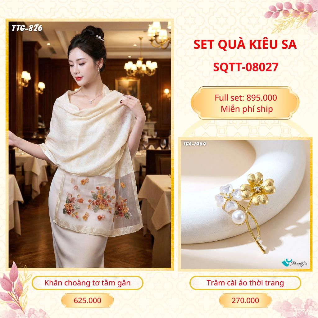 Set Quà Tặng Khăn Choàng Tơ Tằm Gân Cao Cấp Và Trâm Cài Áo Kiêu Sa (SQTT08027)