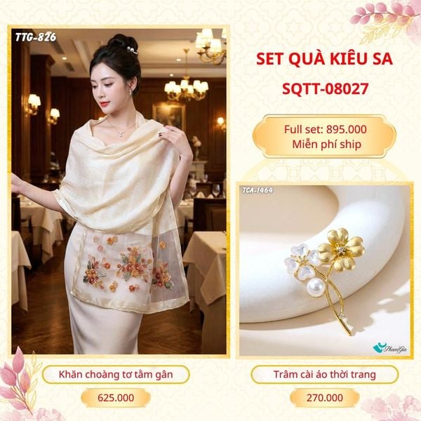 Set Quà Tặng Khăn Choàng Tơ Tằm Gân Cao Cấp Và Trâm Cài Áo Kiêu Sa (SQTT08027)