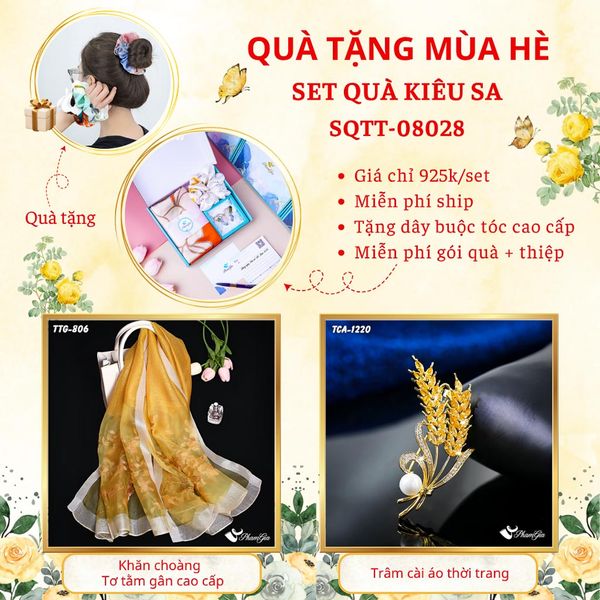 Quà Tặng Mùa Hè - Set Quà Tặng Khăn Choàng Tơ Tằm Gân Cao Cấp Và Ghim Cài Áo Kiêu Sa (SQTT08028)