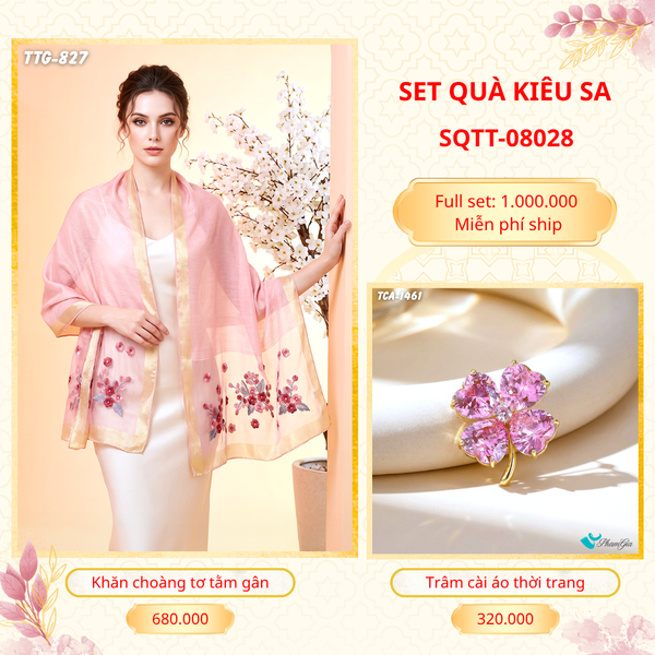 Set Quà Tặng Khăn Choàng Tơ Tằm Gân Cao Cấp Và Trâm Cài Áo Kiêu Sa (SQTT08028)