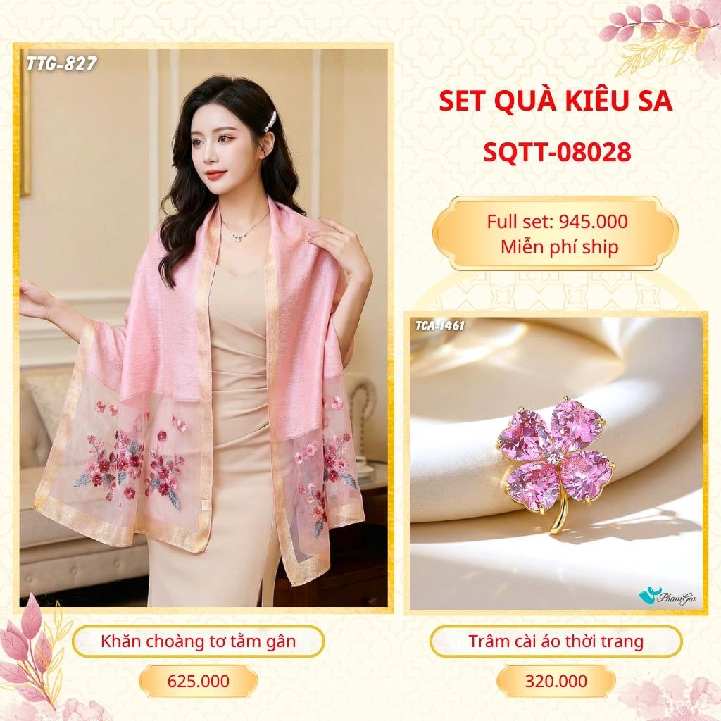 Set Quà Tặng Khăn Choàng Tơ Tằm Gân Cao Cấp Và Trâm Cài Áo Kiêu Sa (SQTT08028)