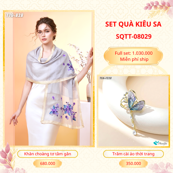 Set Quà Tặng Khăn Choàng Tơ Tằm Gân Cao Cấp Và Trâm Cài Áo Kiêu Sa (SQTT08029)