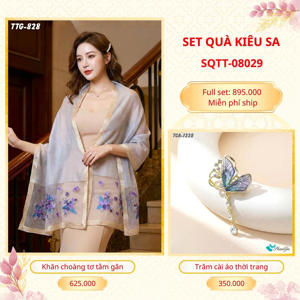 Set Quà Tặng Khăn Choàng Tơ Tằm Gân Cao Cấp Và Trâm Cài Áo Kiêu Sa (SQTT08029)