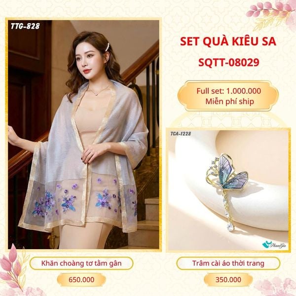 Set Quà Tặng Khăn Choàng Tơ Tằm Gân Cao Cấp Và Trâm Cài Áo Kiêu Sa (SQTT08029)