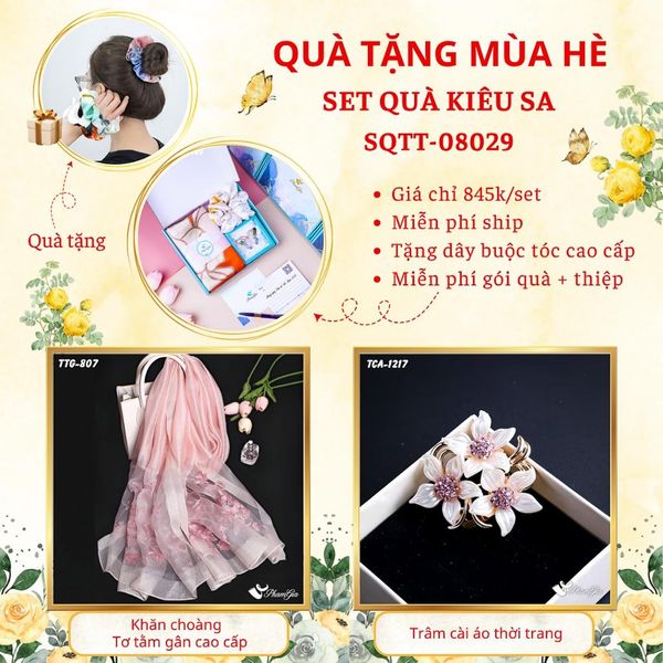 Quà Tặng Mùa Hè - Set Quà Tặng Khăn Choàng Tơ Tằm Gân Cao Cấp Và Ghim Cài Áo Kiêu Sa (SQTT08029)