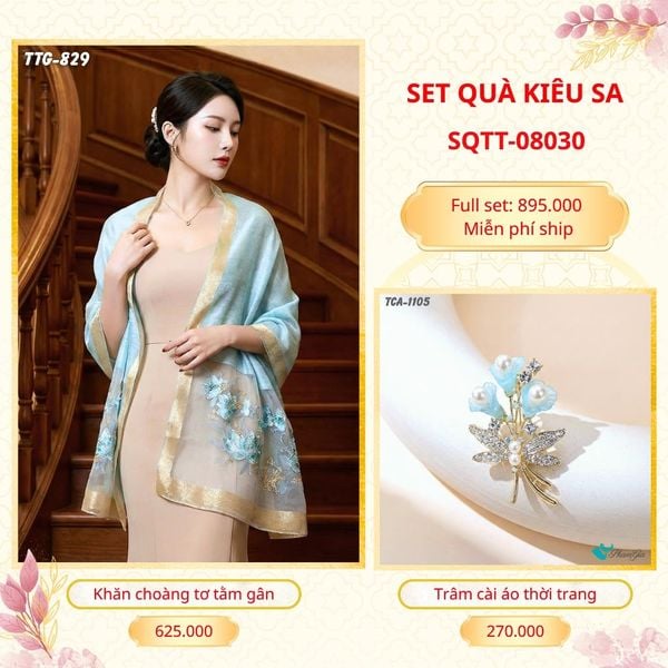 Set Quà Tặng Khăn Choàng Tơ Tằm Gân Cao Cấp Và Trâm Cài Áo Kiêu Sa (SQTT08030)