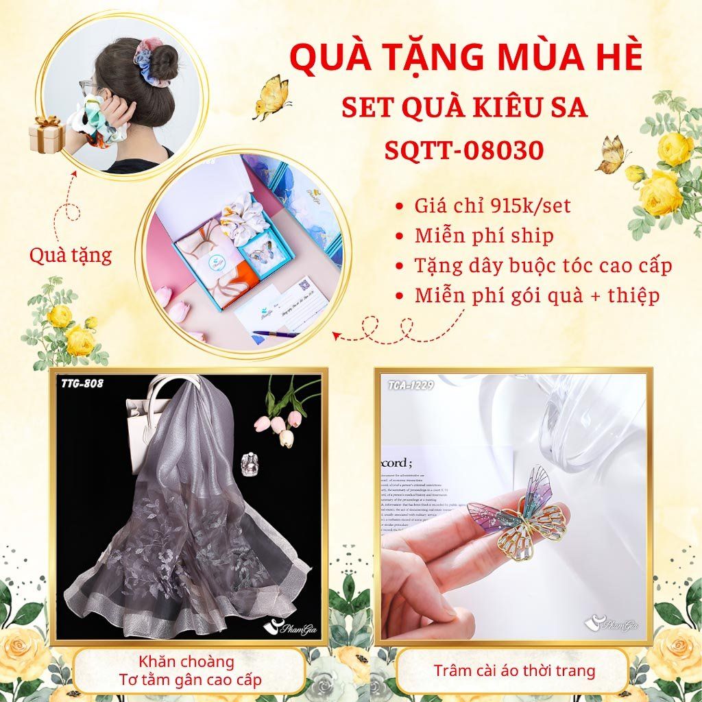 Quà Tặng Mùa Hè - Set Quà Tặng Khăn Choàng Tơ Tằm Gân Cao Cấp Và Ghim Cài Áo Kiêu Sa (SQTT08030)