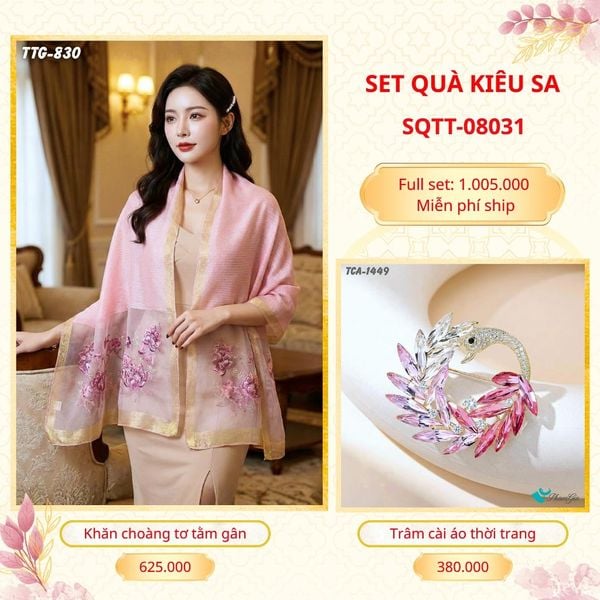 Set Quà Tặng Khăn Choàng Tơ Tằm Gân Cao Cấp Và Trâm Cài Áo Kiêu Sa (SQTT08031)