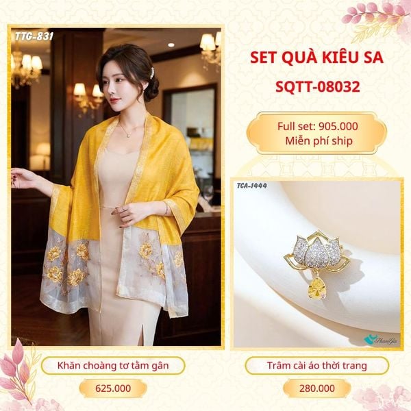 Set Quà Tặng Khăn Choàng Tơ Tằm Gân Cao Cấp Và Trâm Cài Áo Kiêu Sa (SQTT08032)