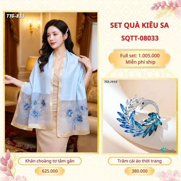 Set Quà Tặng Khăn Choàng Tơ Tằm Gân Cao Cấp Và Trâm Cài Áo Kiêu Sa (SQTT08033)
