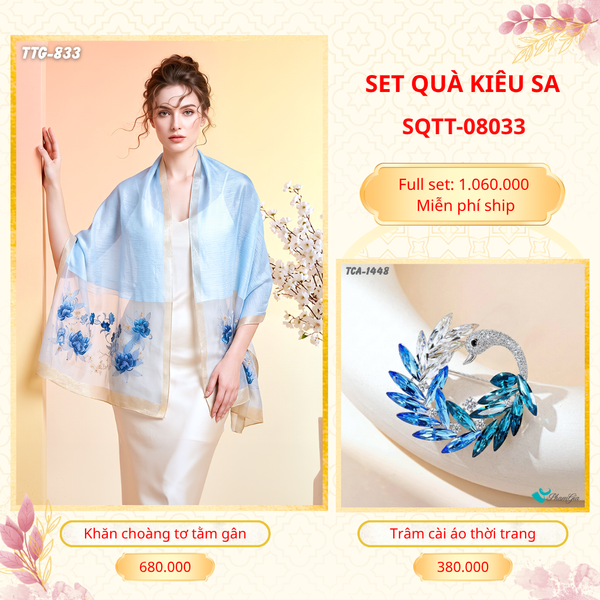 Set Quà Tặng Khăn Choàng Tơ Tằm Gân Cao Cấp Và Trâm Cài Áo Kiêu Sa (SQTT08033)