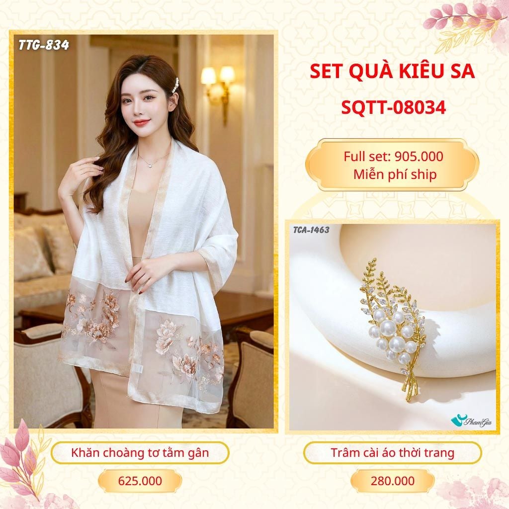 Set Quà Tặng Khăn Choàng Tơ Tằm Gân Cao Cấp Và Trâm Cài Áo Kiêu Sa (SQTT08034)