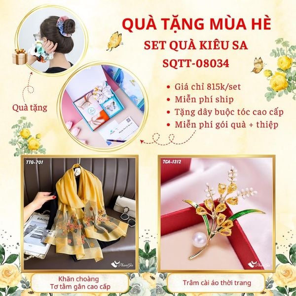 Quà Tặng Mùa Hè - Set Quà Tặng Khăn Choàng Tơ Tằm Gân Cao Cấp Và Ghim Cài Áo Kiêu Sa (SQTT08034)