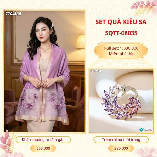 Set Quà Tặng Khăn Choàng Tơ Tằm Gân Cao Cấp Và Trâm Cài Áo Kiêu Sa (SQTT08035)