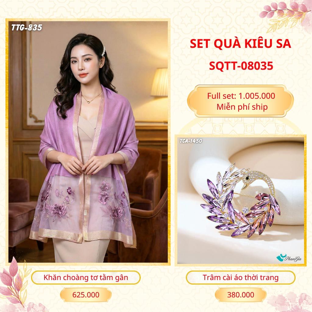 Set Quà Tặng Khăn Choàng Tơ Tằm Gân Cao Cấp Và Trâm Cài Áo Kiêu Sa (SQTT08035)