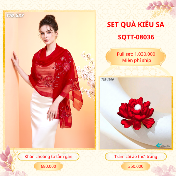Set Quà Tặng Khăn Choàng Tơ Tằm Gân Cao Cấp Và Trâm Cài Áo Kiêu Sa (SQTT08036)