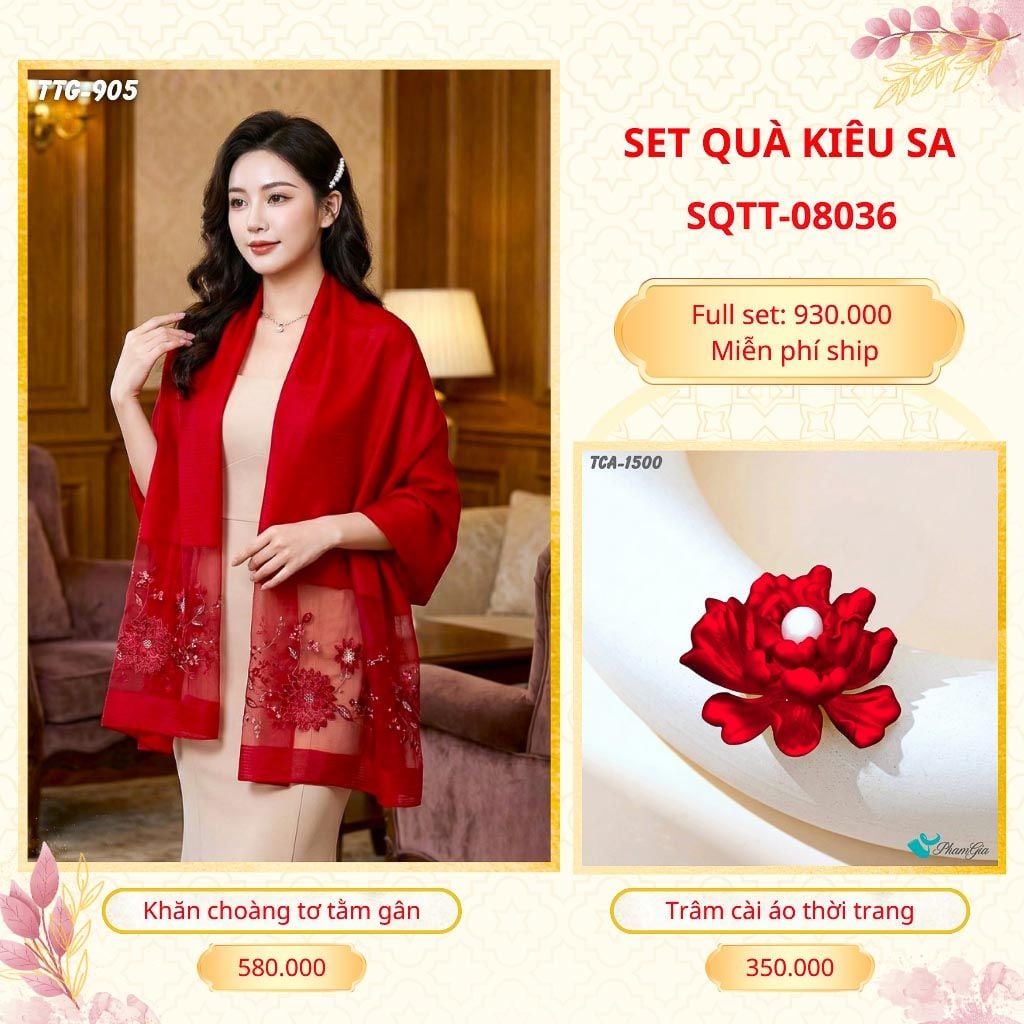 Set Quà Tặng Khăn Choàng Tơ Tằm Gân Cao Cấp Và Trâm Cài Áo Kiêu Sa (SQTT08036)