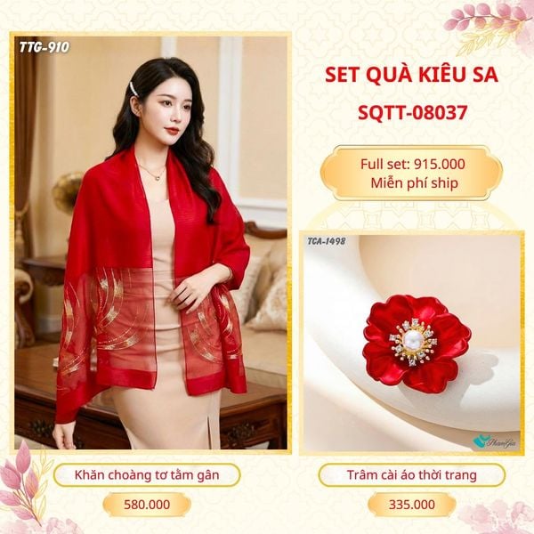 Set Quà Tặng Khăn Choàng Tơ Tằm Gân Cao Cấp Và Trâm Cài Áo Kiêu Sa (SQTT08037)