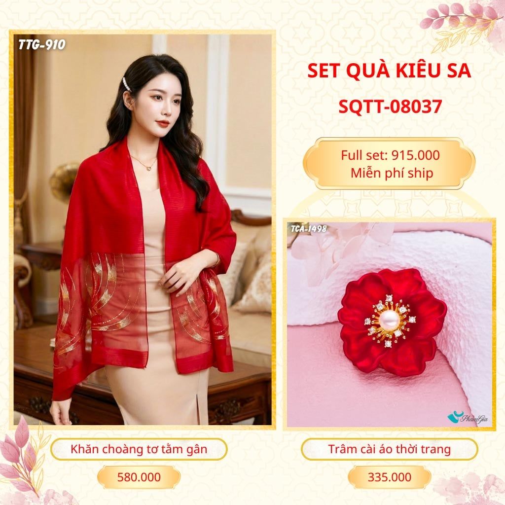 Set Quà Tặng Khăn Choàng Tơ Tằm Gân Cao Cấp Và Trâm Cài Áo Kiêu Sa (SQTT08037)