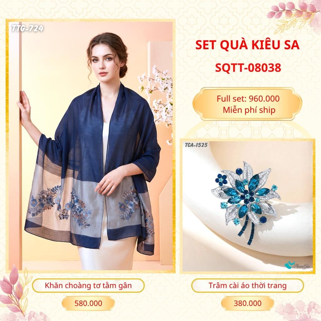 Set Quà Tặng Khăn Choàng Tơ Tằm Gân Cao Cấp Và Trâm Cài Áo Kiêu Sa (SQTT08038)