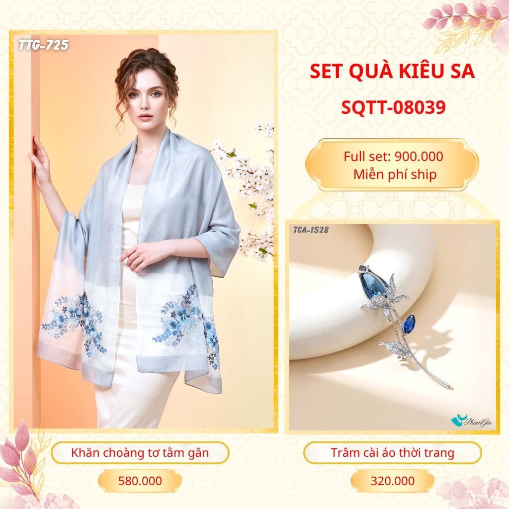 Set Quà Tặng Khăn Choàng Tơ Tằm Gân Cao Cấp Và Trâm Cài Áo Kiêu Sa (SQTT08039)