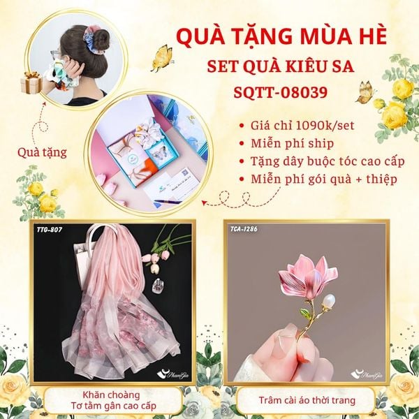 Quà Tặng Mùa Hè - Set Quà Tặng Khăn Choàng Tơ Tằm Gân Cao Cấp Và Ghim Cài Áo Kiêu Sa (SQTT08039)