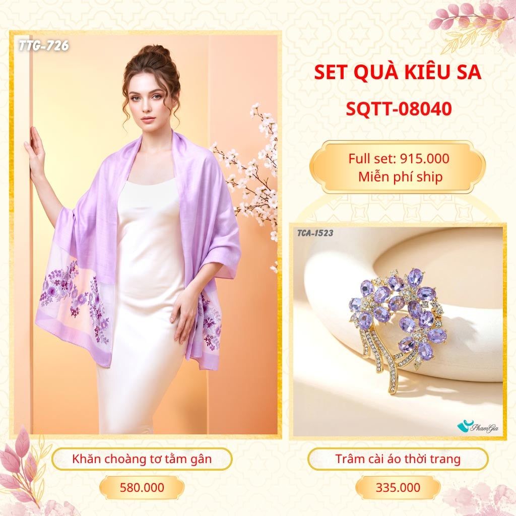 Set Quà Tặng Khăn Choàng Tơ Tằm Gân Cao Cấp Và Trâm Cài Áo Kiêu Sa (SQTT08040)