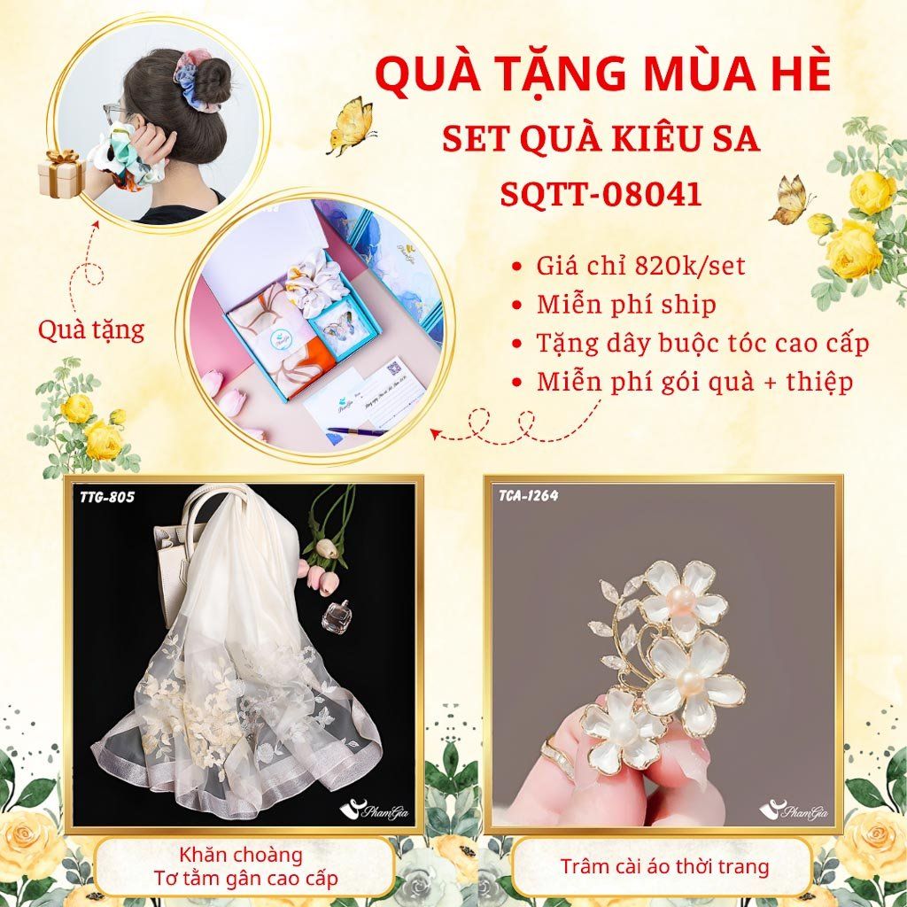 Quà Tặng Mùa Hè - Set Quà Tặng Khăn Choàng Tơ Tằm Gân Cao Cấp Và Ghim Cài Áo Kiêu Sa (SQTT08041)