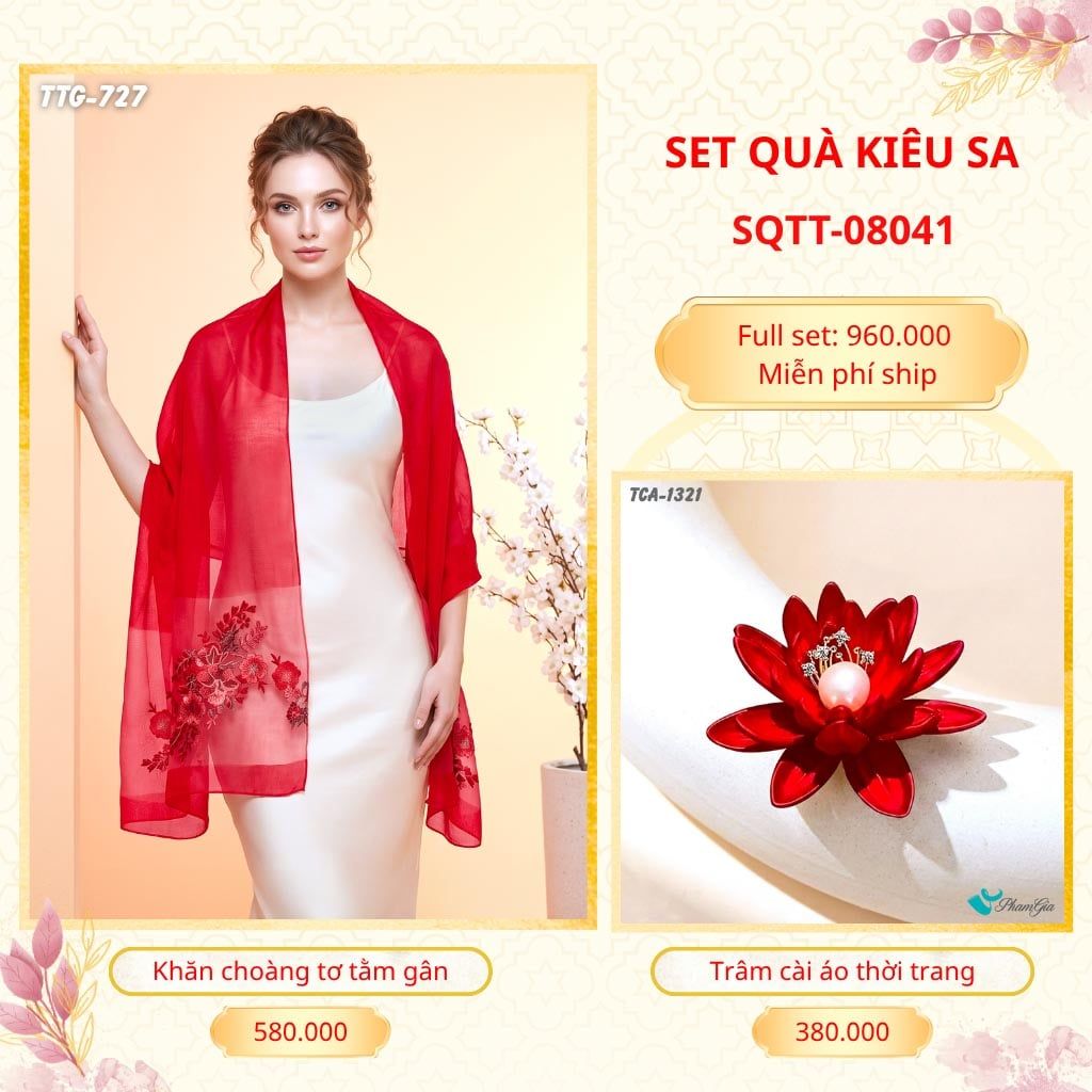 Set Quà Tặng Khăn Choàng Tơ Tằm Gân Cao Cấp Và Trâm Cài Áo Kiêu Sa (SQTT08041)