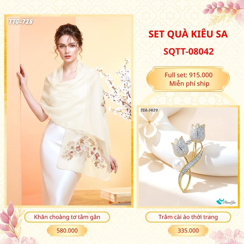 Set Quà Tặng Khăn Choàng Tơ Tằm Gân Cao Cấp Và Trâm Cài Áo Kiêu Sa (SQTT08042)