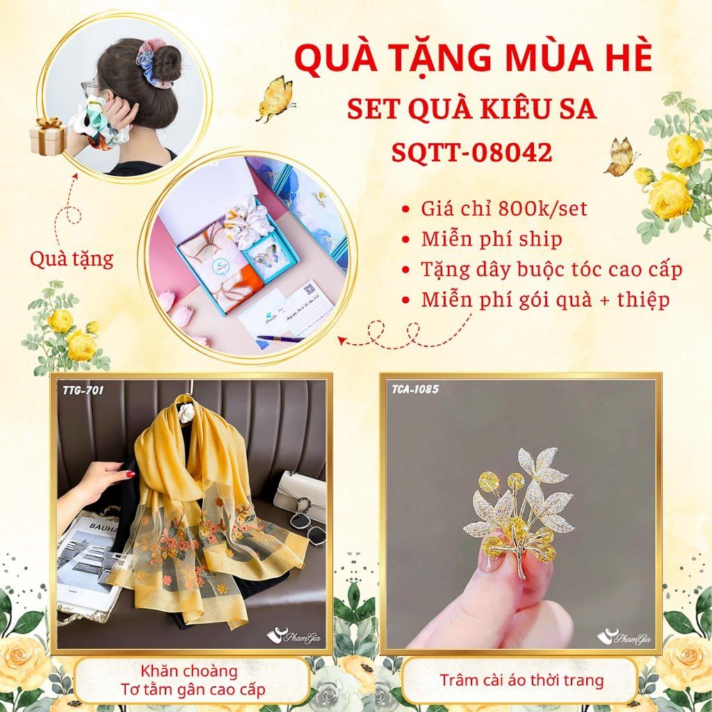 Quà Tặng Mùa Hè - Set Quà Tặng Khăn Choàng Tơ Tằm Gân Cao Cấp Và Ghim Cài Áo Kiêu Sa (SQTT08042)