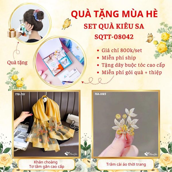 Quà Tặng Mùa Hè - Set Quà Tặng Khăn Choàng Tơ Tằm Gân Cao Cấp Và Ghim Cài Áo Kiêu Sa (SQTT08042)