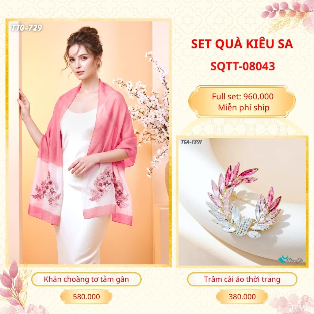 Set Quà Tặng Khăn Choàng Tơ Tằm Gân Cao Cấp Và Trâm Cài Áo Kiêu Sa (SQTT08043)