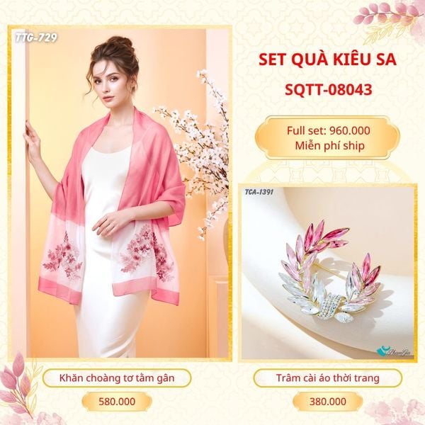 Set Quà Tặng Khăn Choàng Tơ Tằm Gân Cao Cấp Và Trâm Cài Áo Kiêu Sa (SQTT08043)