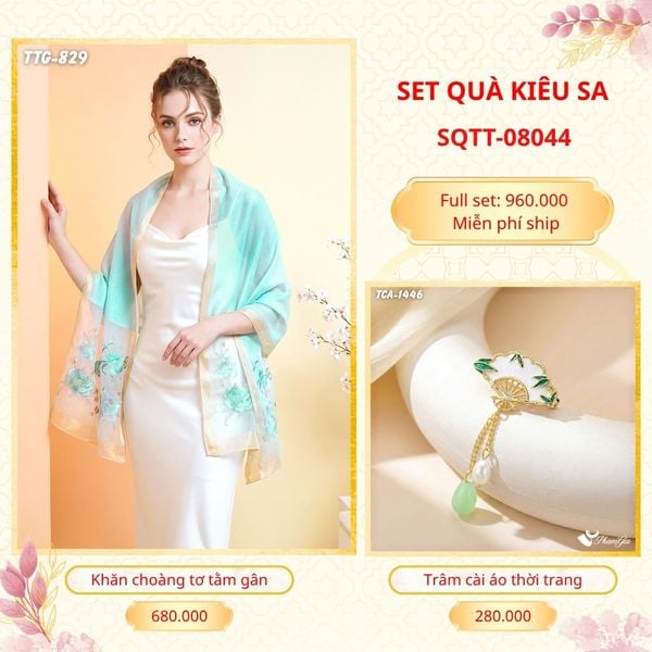 Set Quà Tặng Khăn Choàng Tơ Tằm Gân Cao Cấp Và Trâm Cài Áo Kiêu Sa (SQTT08044)