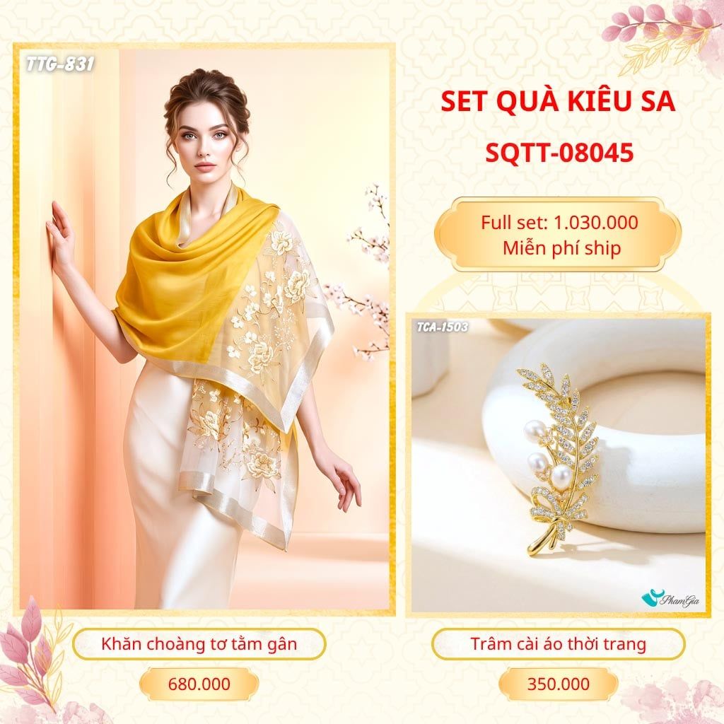 Set Quà Tặng Khăn Choàng Tơ Tằm Gân Cao Cấp Và Trâm Cài Áo Kiêu Sa (SQTT08045)