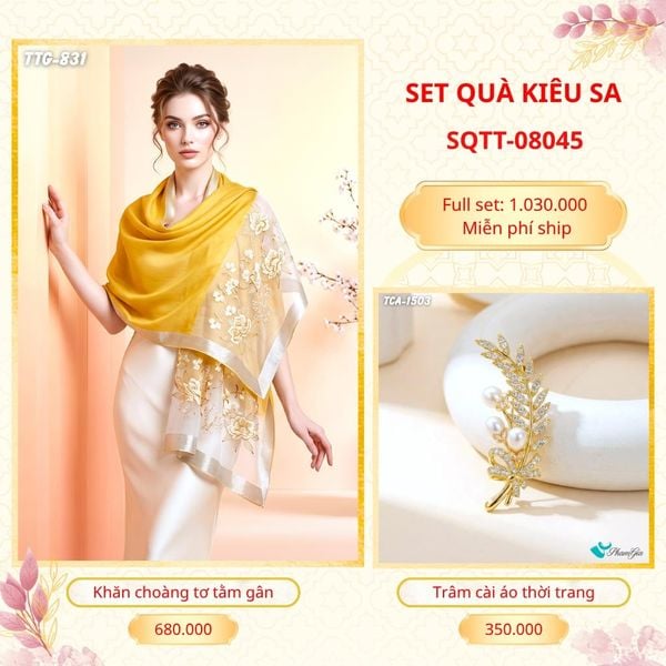 Set Quà Tặng Khăn Choàng Tơ Tằm Gân Cao Cấp Và Trâm Cài Áo Kiêu Sa (SQTT08045)