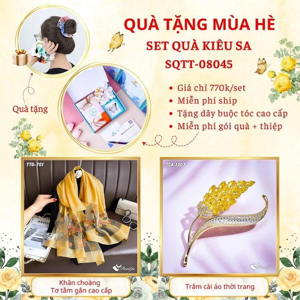 Quà Tặng Mùa Hè - Set Quà Tặng Khăn Choàng Tơ Tằm Gân Cao Cấp Và Ghim Cài Áo Kiêu Sa (SQTT08045)