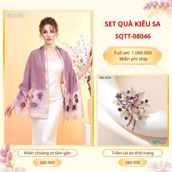 Set Quà Tặng Khăn Choàng Tơ Tằm Gân Cao Cấp Và Trâm Cài Áo Kiêu Sa (SQTT08046)