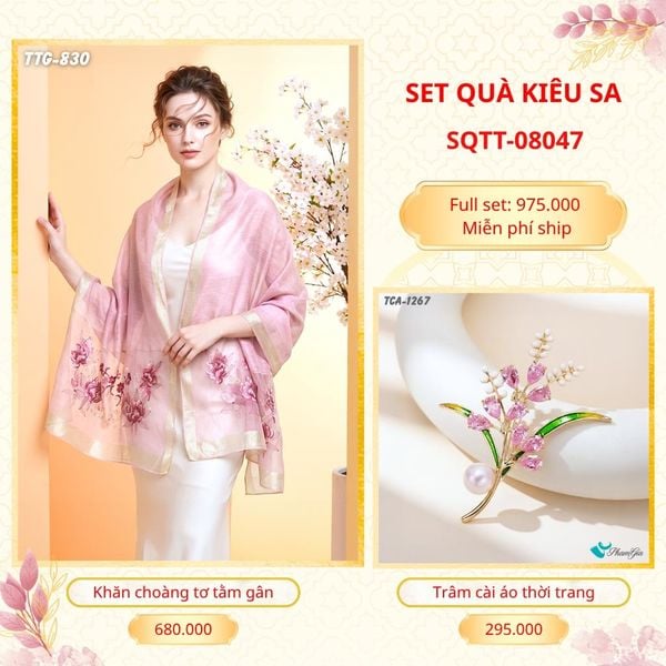 Set Quà Tặng Khăn Choàng Tơ Tằm Gân Cao Cấp Và Trâm Cài Áo Kiêu Sa (SQTT08047)