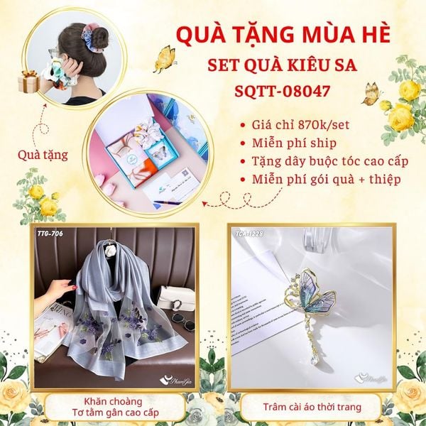 Quà Tặng Mùa Hè - Set Quà Tặng Khăn Choàng Tơ Tằm Gân Cao Cấp Và Ghim Cài Áo Kiêu Sa (SQTT08047)