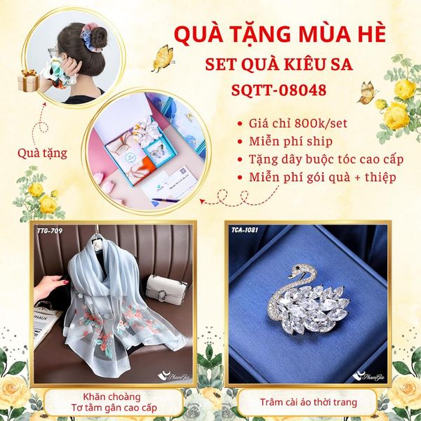 Quà Tặng Mùa Hè - Set Quà Tặng Khăn Choàng Tơ Tằm Gân Cao Cấp Và Ghim Cài Áo Kiêu Sa (SQTT08048)
