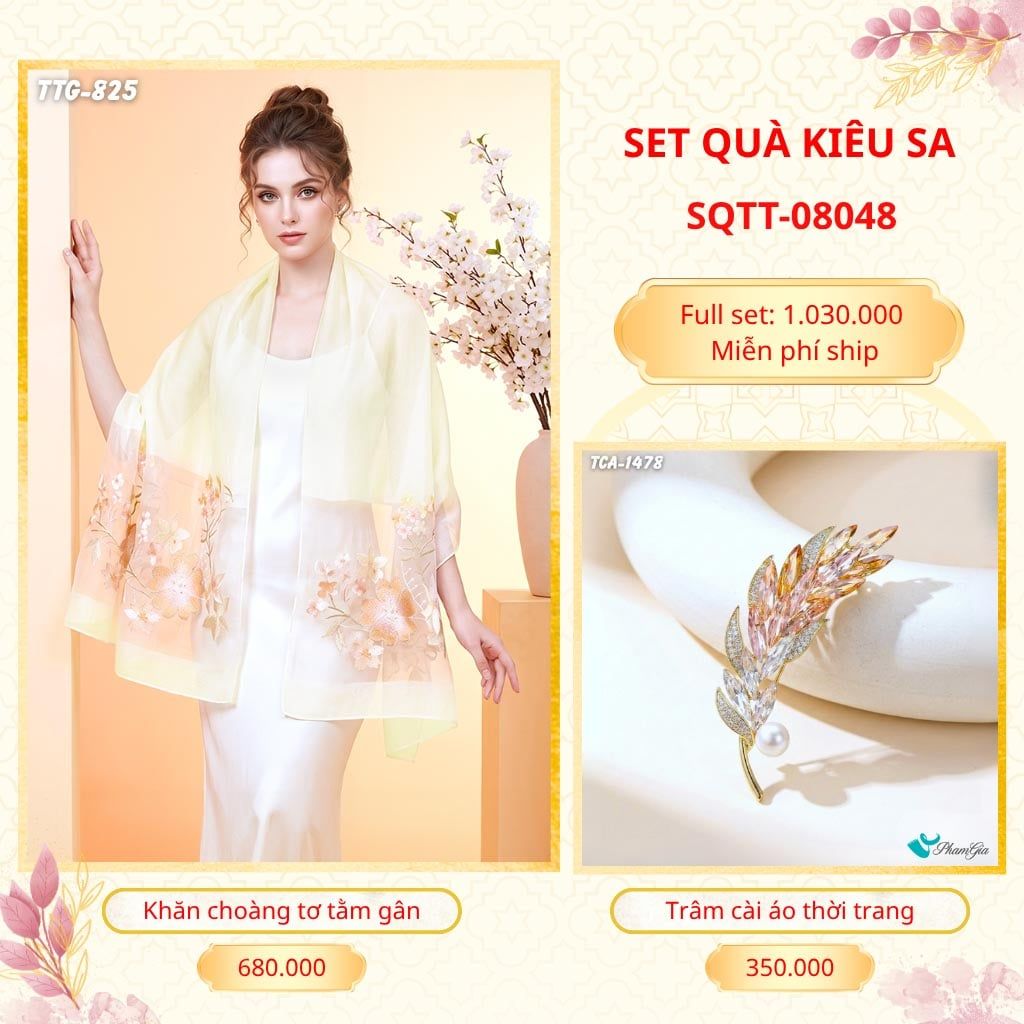 Set Quà Tặng Khăn Choàng Tơ Tằm Gân Cao Cấp Và Trâm Cài Áo Kiêu Sa (SQTT08048)