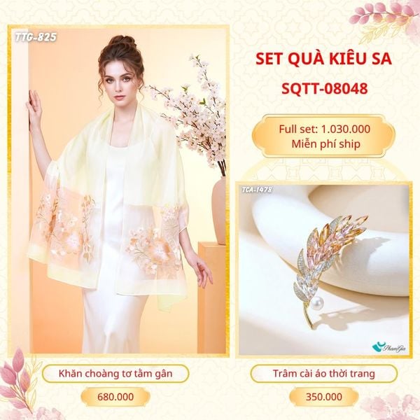 Set Quà Tặng Khăn Choàng Tơ Tằm Gân Cao Cấp Và Trâm Cài Áo Kiêu Sa (SQTT08048)